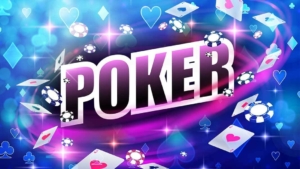 Pink poker letters with blue casino icon background