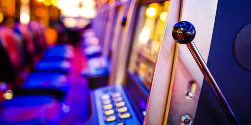 a wide angle shot of a slot machine ready to played a wide angle shot of a slot machine ready to played