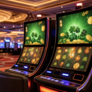 Unbranded casino slot machine display with clover and coin-inspired visual motifs