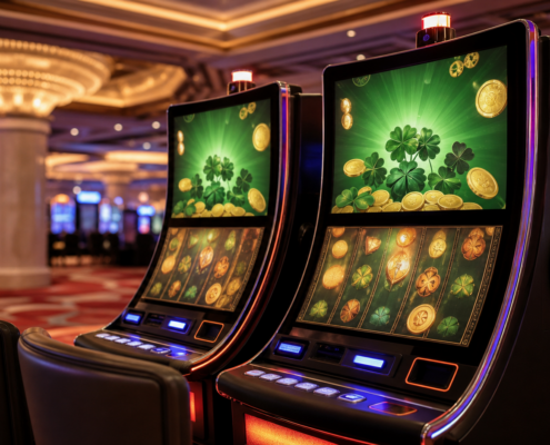 Unbranded casino slot machine display with clover and coin-inspired visual motifs