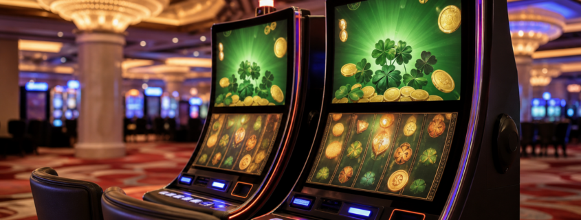 Unbranded casino slot machine display with clover and coin-inspired visual motifs