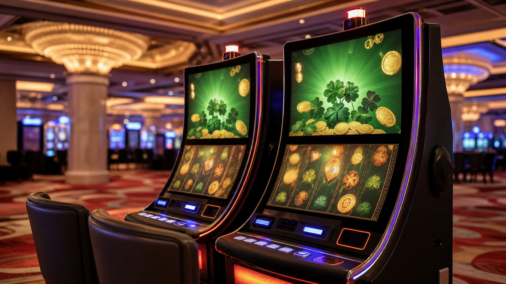 Unbranded casino slot machine display with clover and coin-inspired visual motifs