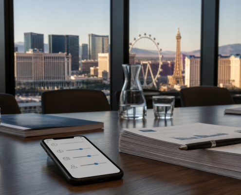 Nevada responsible-gambling policy meeting with a casino skyline