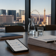 Nevada responsible-gambling policy meeting with a casino skyline