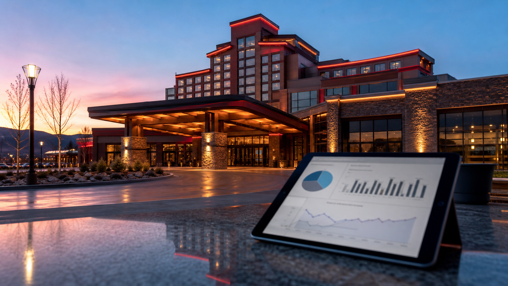 Regional casino resort and abstract financial chart at dusk