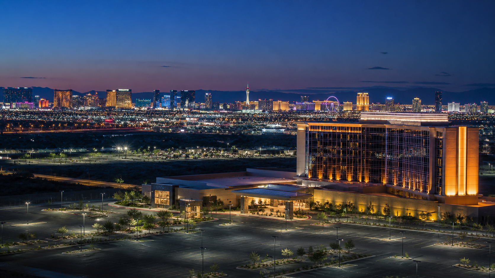Las Vegas Strip skyline and a regional casino resort at dusk