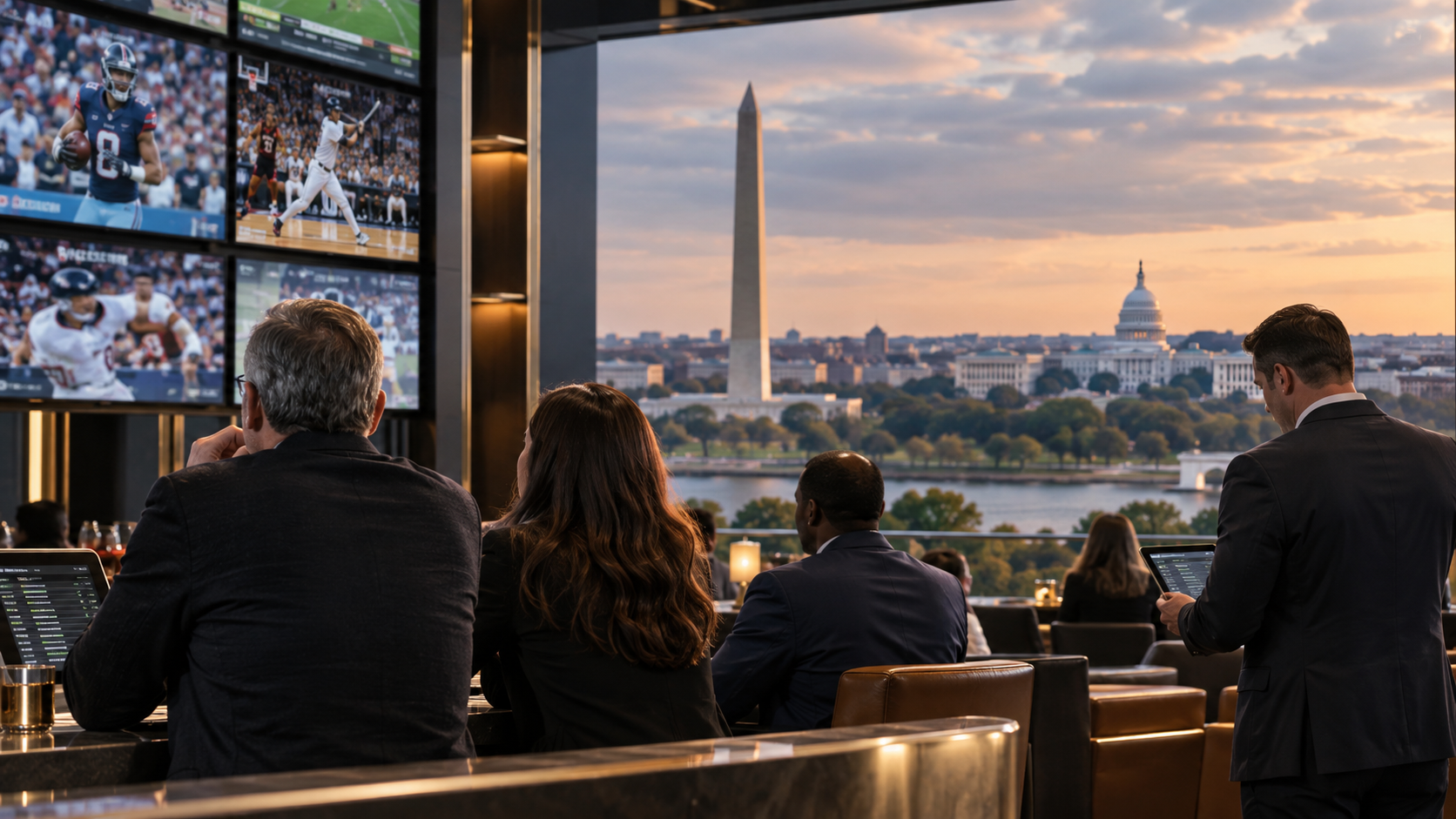 Editorial illustration of a Washington DC sportsbook launch and city skyline