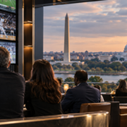 Editorial illustration of a Washington DC sportsbook launch and city skyline