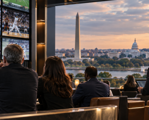 Editorial illustration of a Washington DC sportsbook launch and city skyline