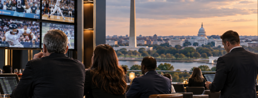 Editorial illustration of a Washington DC sportsbook launch and city skyline