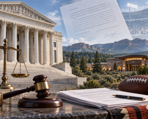 Editorial illustration of a US appellate court, tribal gaming, and sports-event contract regulation