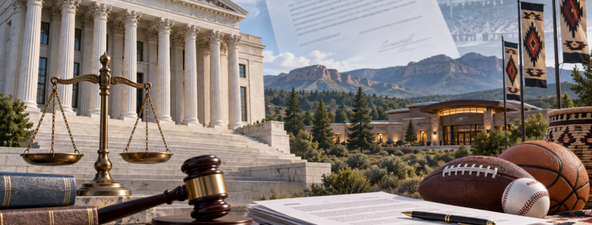 Editorial illustration of a US appellate court, tribal gaming, and sports-event contract regulation