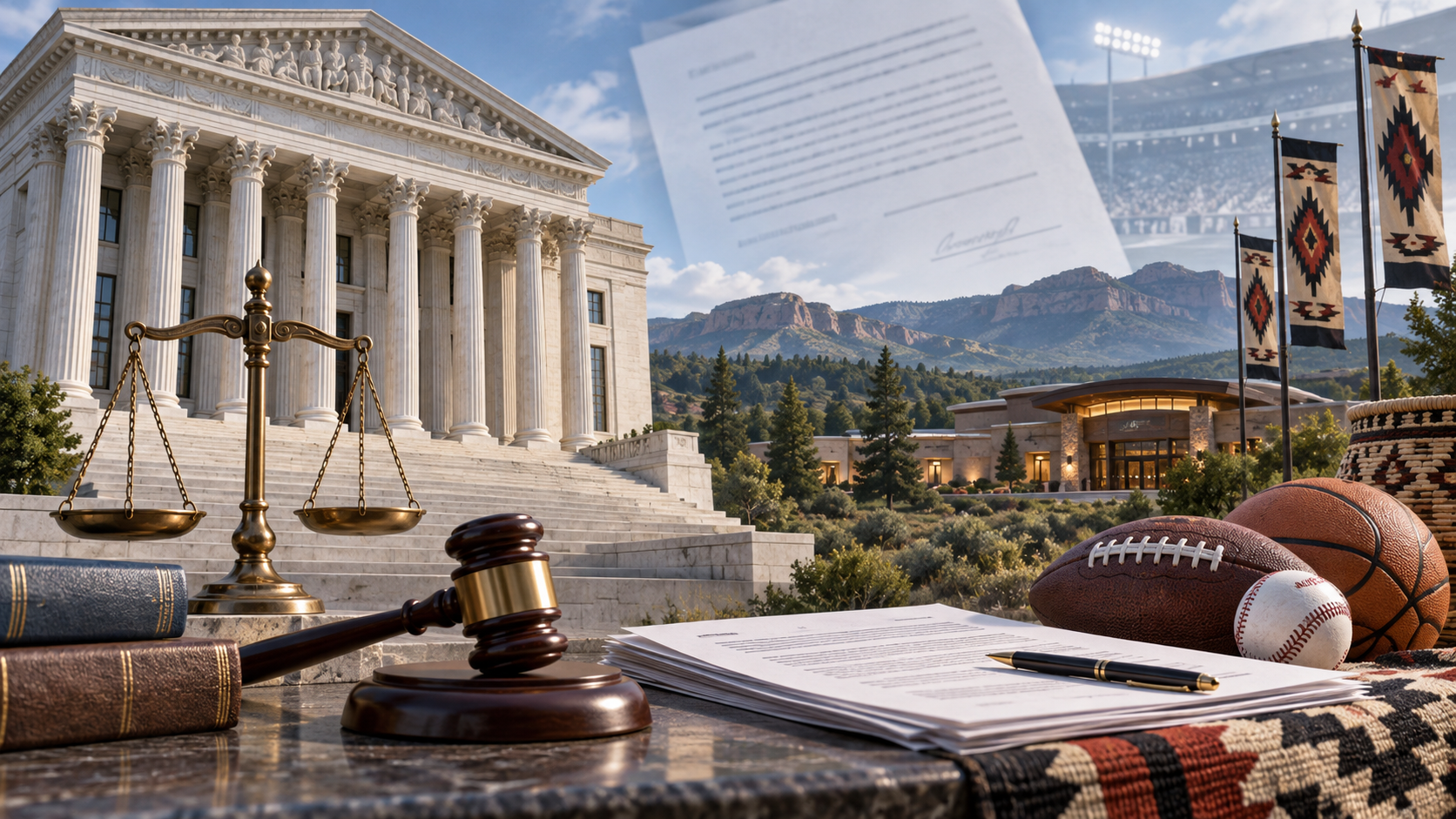 Editorial illustration of a US appellate court, tribal gaming, and sports-event contract regulation