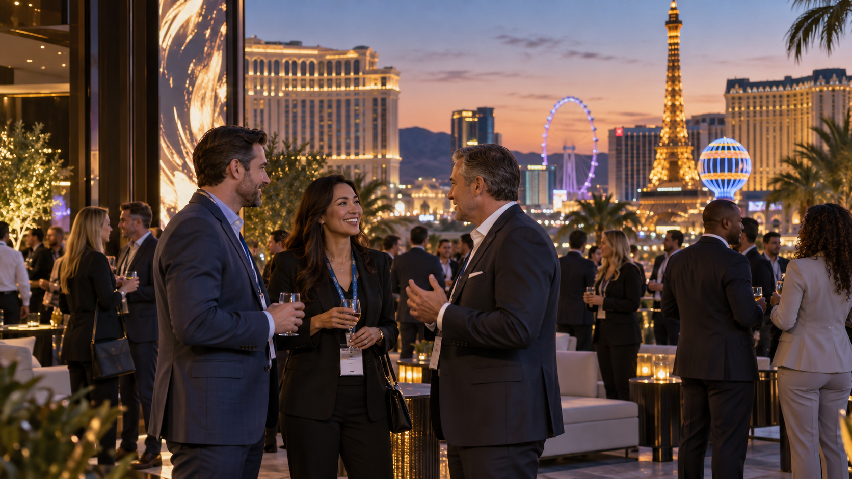 Editorial illustration of casino industry event sponsorship and Las Vegas gaming networking