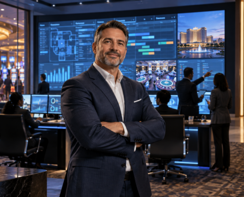 Editorial illustration of a casino gaming technology executive appointment and modern resort operations