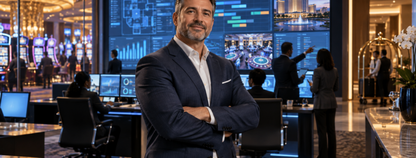 Editorial illustration of a casino gaming technology executive appointment and modern resort operations