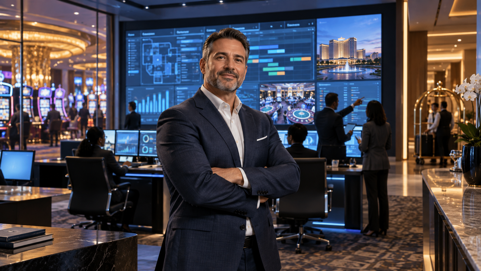 Editorial illustration of a casino gaming technology executive appointment and modern resort operations