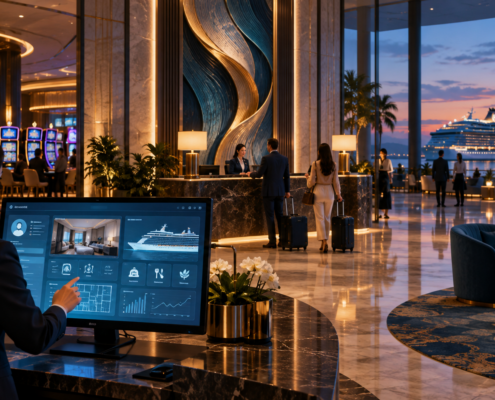 Editorial illustration of casino hospitality technology, hotel operations, cruise services, and a modern gaming resort
