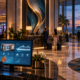 Editorial illustration of casino hospitality technology, hotel operations, cruise services, and a modern gaming resort