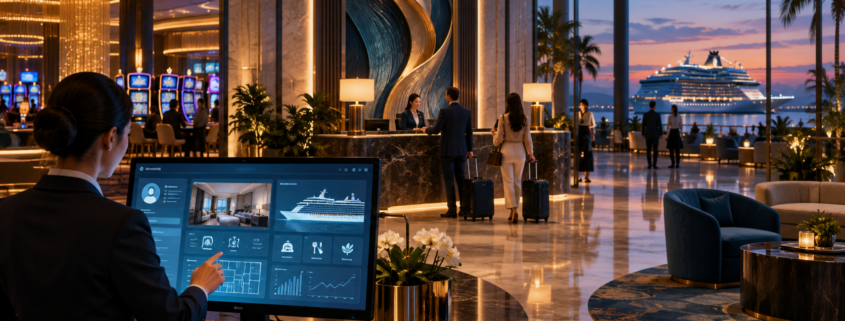 Editorial illustration of casino hospitality technology, hotel operations, cruise services, and a modern gaming resort