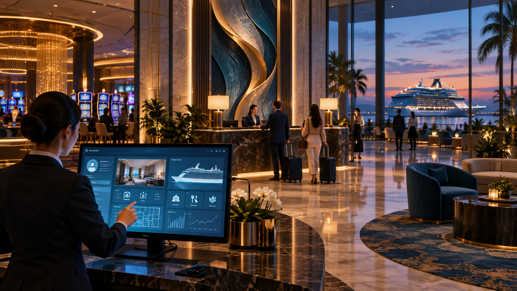 Editorial illustration of casino hospitality technology, hotel operations, cruise services, and a modern gaming resort