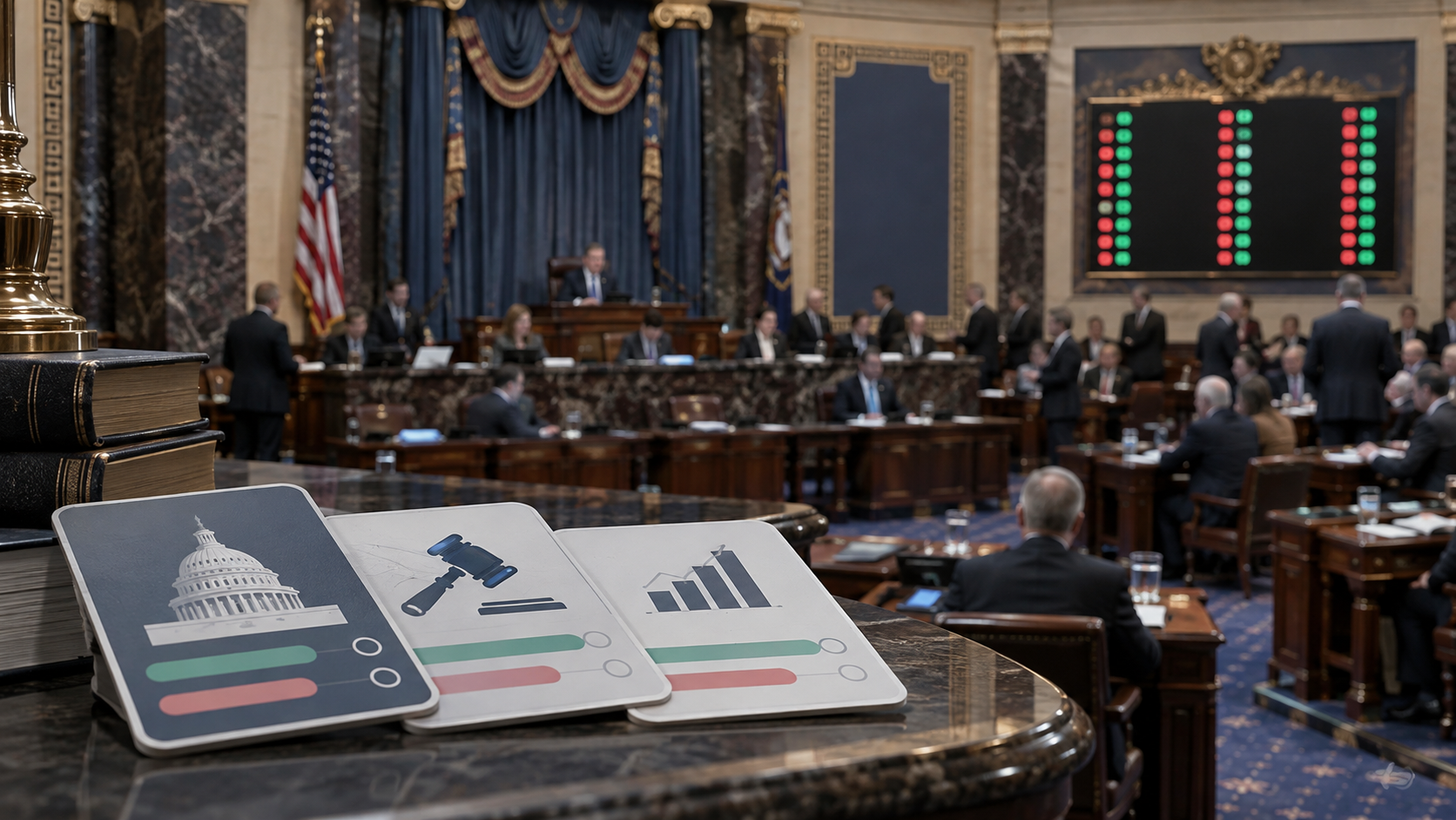 Editorial illustration of a US Senate vote, prediction markets, and gaming regulation