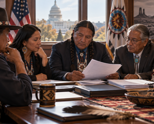 Editorial illustration of tribal leaders reviewing federal gaming legislation and sovereignty protections
