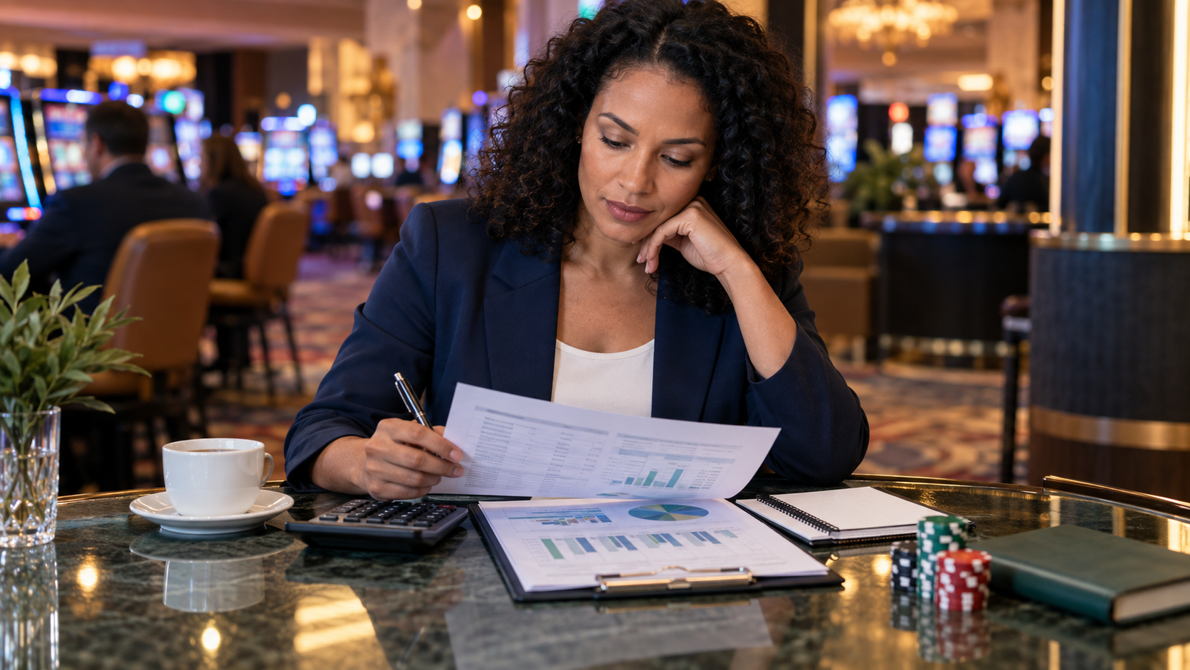 Editorial illustration about gambling financial literacy, United States casino and gambling news, and source documents