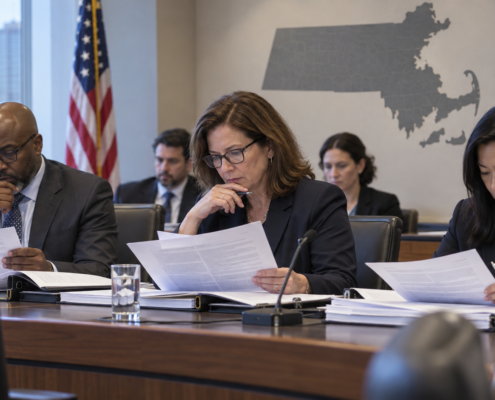 Editorial illustration of Massachusetts gaming regulators reviewing responsible-gambling standards