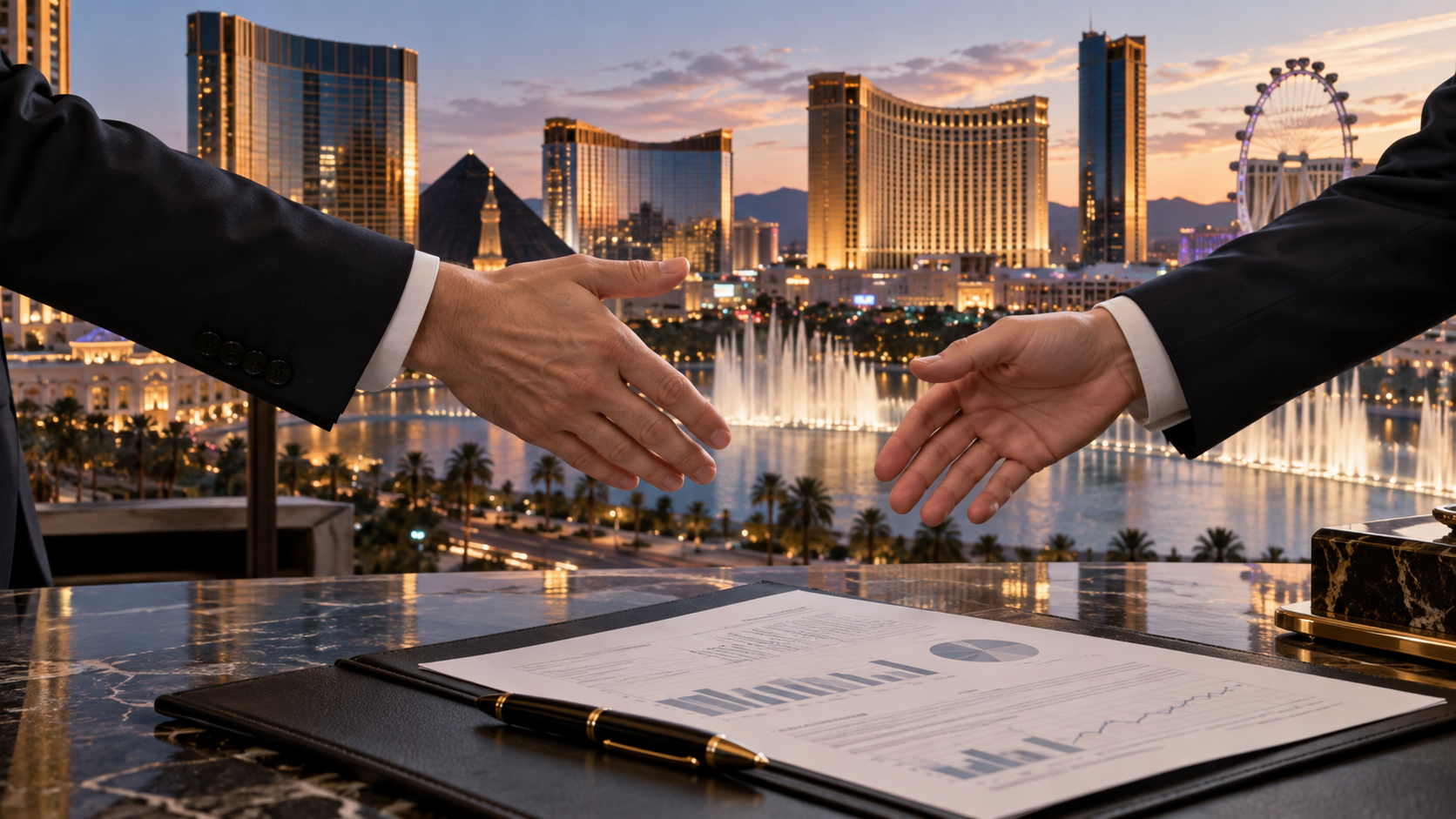 Editorial illustration of an MGM Resorts takeover bid, Las Vegas casino towers, and financial-market documents