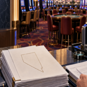 Editorial illustration of Nevada casino technical standards, regulatory documents, and a Las Vegas gaming floor