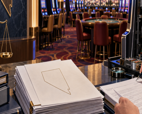 Editorial illustration of Nevada casino technical standards, regulatory documents, and a Las Vegas gaming floor
