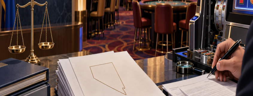 Editorial illustration of Nevada casino technical standards, regulatory documents, and a Las Vegas gaming floor
