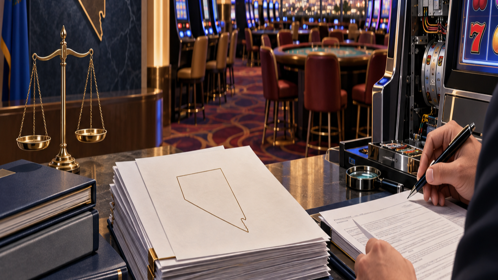 Editorial illustration of Nevada casino technical standards, regulatory documents, and a Las Vegas gaming floor