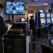 Editorial illustration of tribal gaming history, a community bingo hall, and a modern American casino
