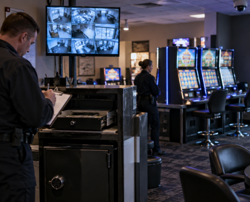Editorial illustration of tribal gaming history, a community bingo hall, and a modern American casino