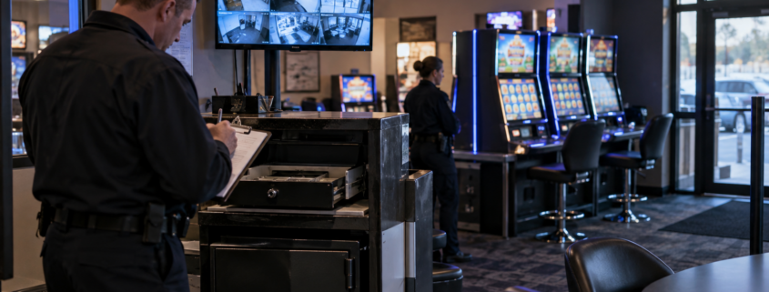 Editorial illustration of tribal gaming history, a community bingo hall, and a modern American casino