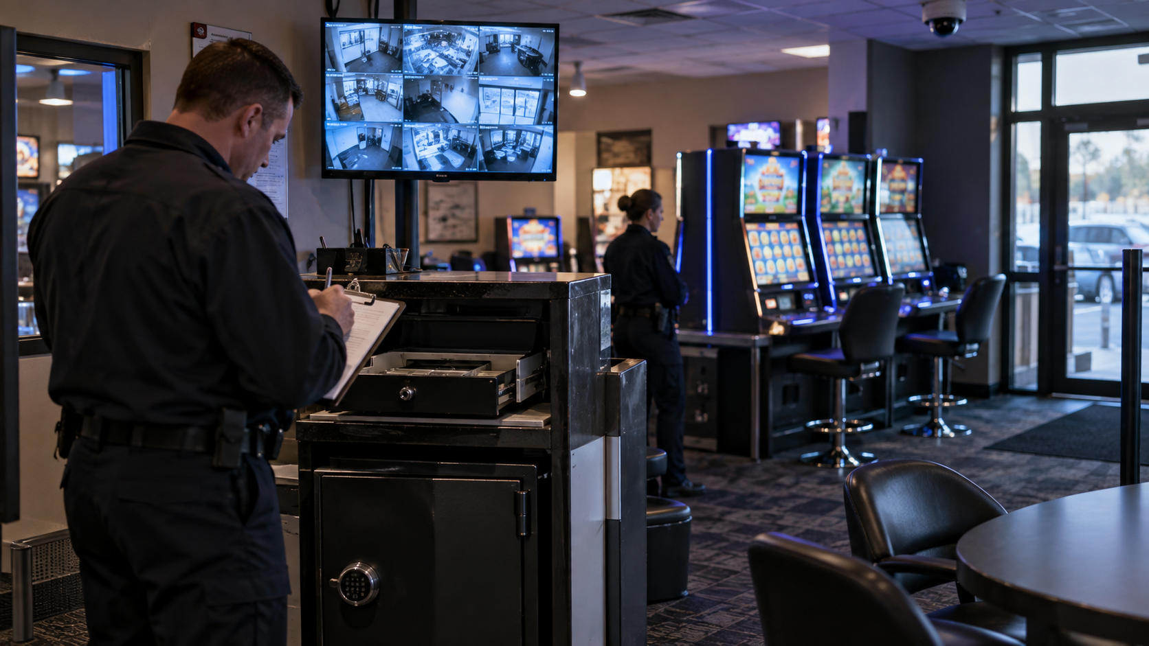 Editorial illustration of tribal gaming history, a community bingo hall, and a modern American casino