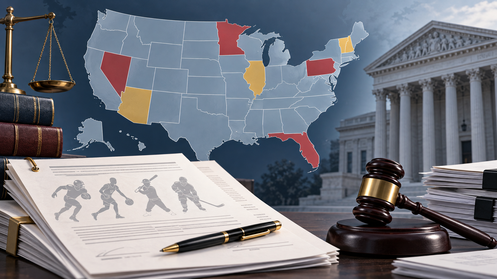 Editorial illustration of sports contracts and a U.S. state legal map