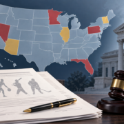 Editorial illustration of sports contracts and a U.S. state legal map
