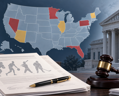 Editorial illustration of sports contracts and a U.S. state legal map