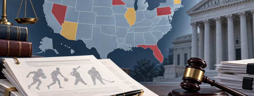 Editorial illustration of sports contracts and a U.S. state legal map