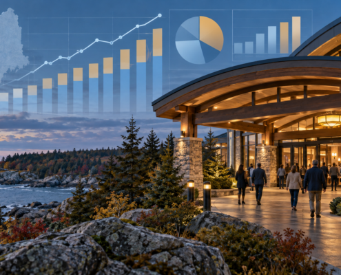 Editorial illustration of Maine casino revenue, a New England landscape, and monthly gaming data
