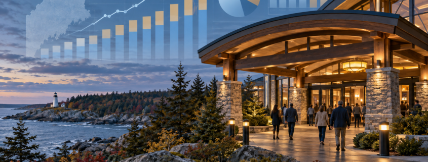 Editorial illustration of Maine casino revenue, a New England landscape, and monthly gaming data
