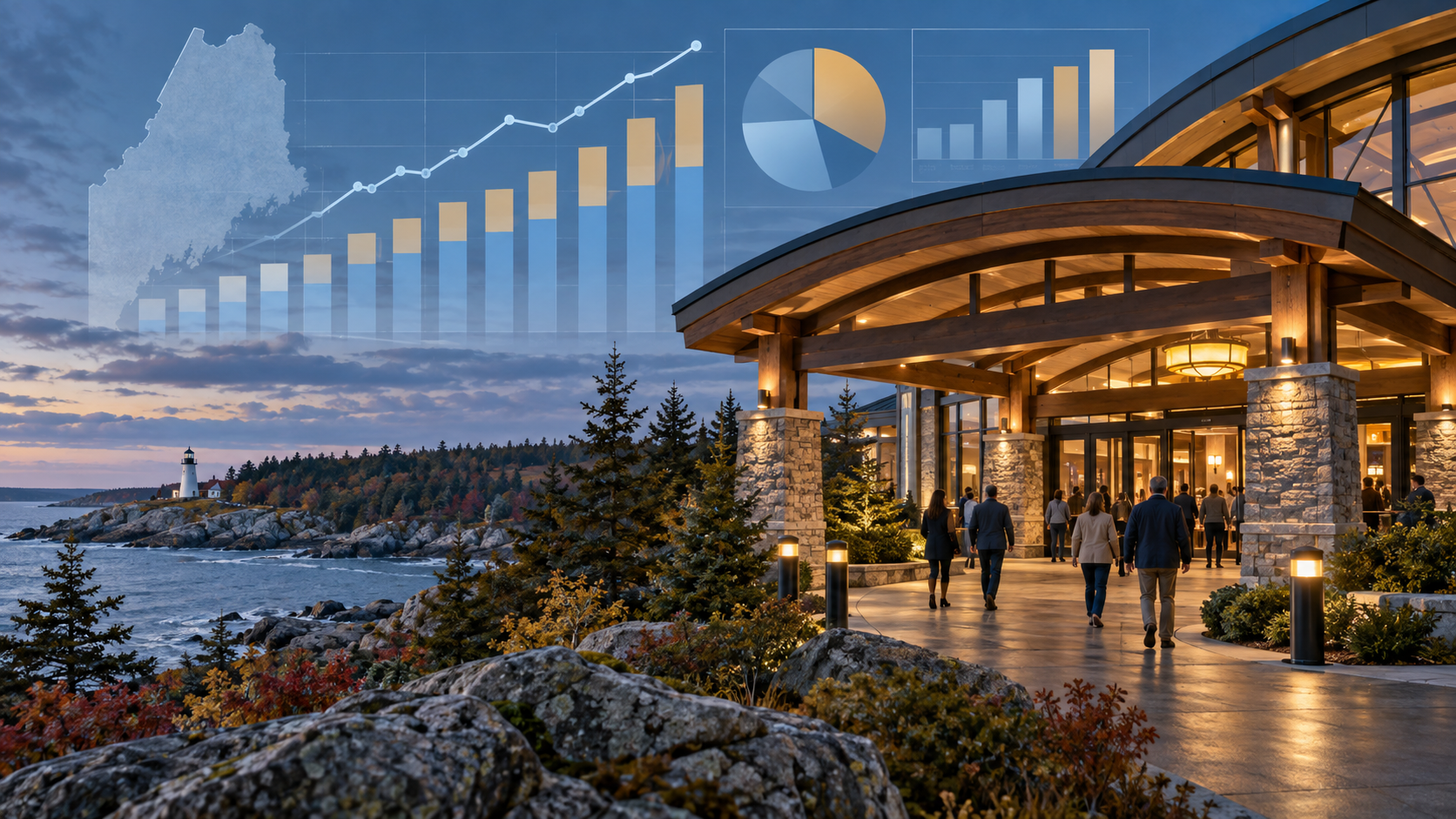 Editorial illustration of Maine casino revenue, a New England landscape, and monthly gaming data