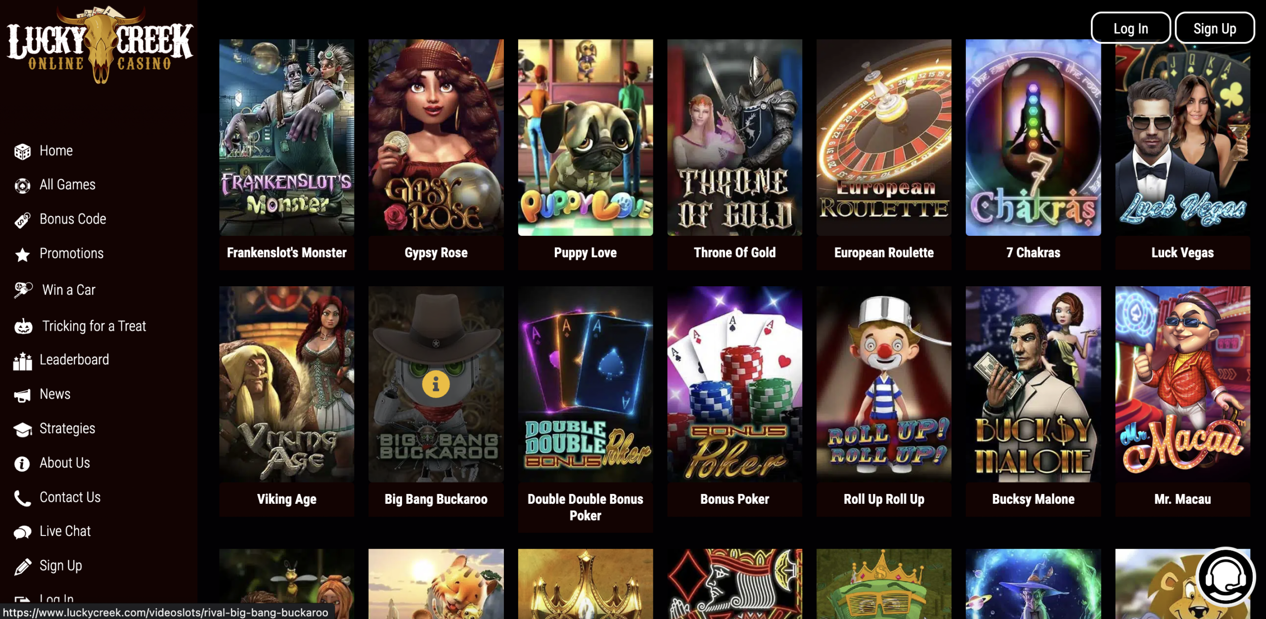 Lucky Creek’s game selection, pictured in the VegasSlots.net review.