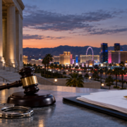 Editorial illustration of Nevada sports-betting enforcement, a courthouse, and a regulated casino skyline