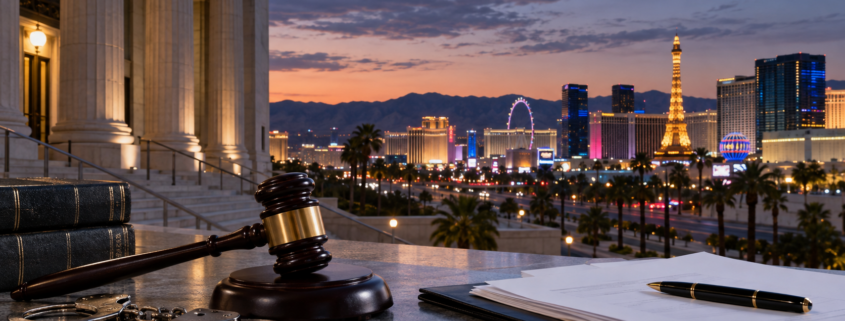 Editorial illustration of Nevada sports-betting enforcement, a courthouse, and a regulated casino skyline