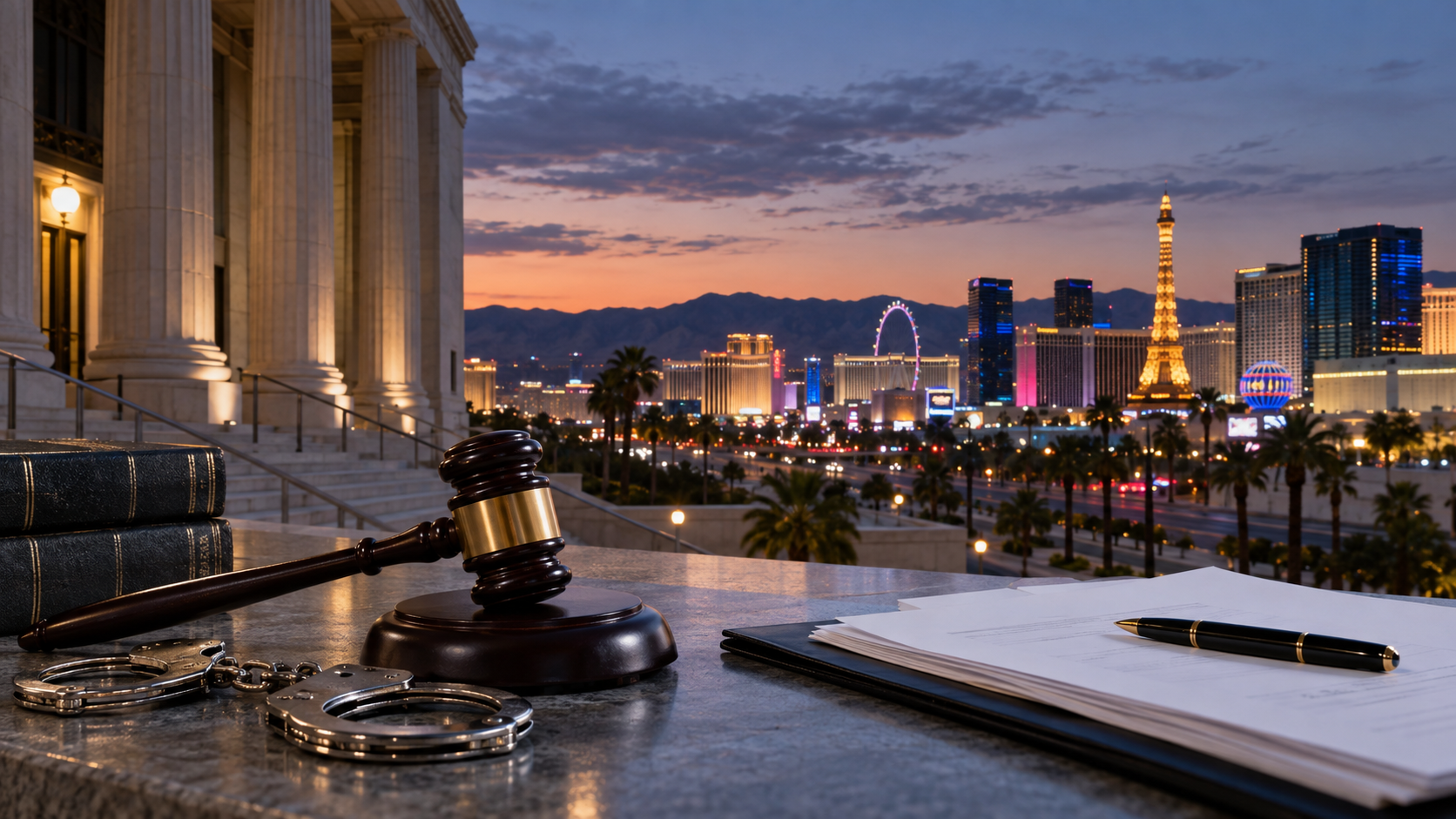 Editorial illustration of Nevada sports-betting enforcement, a courthouse, and a regulated casino skyline