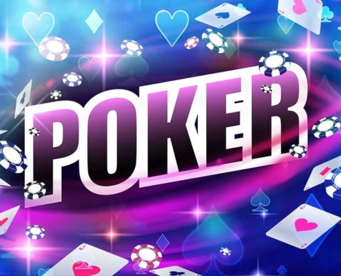 Pink poker letters with blue casino icon background